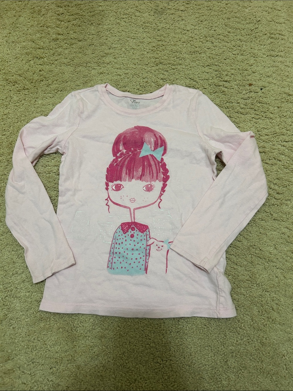 The Children's Place Light Pink Long Sleeve Top with Teal Bow Graphic